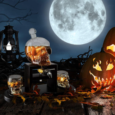 Skull Skeleton Wine & Whiskey Decanter Set 750 mL With 2 Skull 3oz Skeletons Shot Glasses + Mahogany Wooden Base & Pouring Spigot Decor Glass, Goth Spooky Drinking Glassware The Wine Savant-1